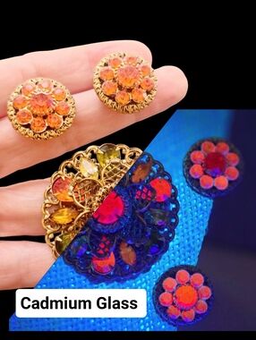 Rare Vintage Cadmium Glass Jewelry Set - Huge Tiered Brooch & Earrings - UV Glow